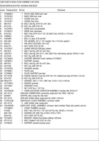 Ссылка Номер детали Кол-во Описание
1666 CASE IH AXIAL-FLOW COMBINE (1/93-12/94)
9D-06 GRAIN ELEVATOR, HOUSING AND BOOT
1 1318585C2 1 PLATE, SIDE, SIDE boot, outer
2 1317673C2 1 BASE, SIDE boot, inner
3 1317271C1 1 COVER, boot, rear
4 1317273C1 1 COVER, boot, front
5 409-7512 20 BOLT, Hex Flg, 5/16"-18 x 3/4", Serr,
6 231-5145 22 NUT, Flg, USR, 5/16"-18,
8 1317276C1 1 DOOR, boot, non perforated
8 1317841C1 1 DOOR, boot, perforated
9 413-5120 1 BOLT, Hex, 5/16"-18 x 7 1/2", G5, BOLT hex, 5/16 NC x 1-1/2 inch
10 155909C1 1 LATCH, door
11 316039R1 1 BOLT, U, latch, 5/16 inch NC
12 439-1420 1 PIN, HEADED, 1/4" x 1 1/4", headed, 1/4 x 1-1/4 inch, grade 2
13 432-812 1 PIN, SPLIT (COTTER), 1/8" x 3/4",
14 232-4115 3 NUT, LOCK, 5/16"-18, GC,
16 1317270C1 1 GUARD, DEFLECTOR grain, bottom
17 409-7612 3 BOLT, Hex Flg, 3/8"-16 x 3/4", Serr,
18 154273C1 1 BOLT, Hex Flg, 3/8"-16 x 1", Serr, BOLT hex, self locking, special, 3/8 NC x 1 inch
19 231-5146 4 NUT, Flg, USR, 3/8"-16,
22 1317362C4 1 SUPPORT, BRACKET lower, replaces 1317362C3
23 1327667C1 1 SUPPORT, elevator
24 409-7612 5 BOLT, Hex Flg, 3/8"-16 x 3/4", Serr,
25 231-5146 7 NUT, Flg, USR, 3/8"-16,
26 1317376C4 1 HOUSING, elevator
27 1317688C1 1 PLATE, seal
28 1317698C1 1 PLATE, SUPPORT rear seal
29 477-73108 16 SCREW, Sltd Serr Truss Hd, 5/16"-18 x 1/2", slotted truss head, 5/16 NC x 1/2 inch
30 231-5145 16 NUT, Flg, USR, 5/16"-18,
30A 495-81121 7 WASHER, .344" x 1 1/2" x .060", flat, 11/32 x 1-1/2 x 1/16 inch
31 1317193C2 3 SPACER, sprocket
32 1317192C1 1 SPROCKET, drive
33 Q1443 1 KEY, 5/16" Sq x 1 1/2", Par,
35 1321334C92 1 CHAIN, ELEVATOR, CONVEYOR ASSEMBLY, Includes: Ref. 36 thru 41
36 241-15113 UAR LINK, CONNECTING, connecting, single pitch, No. C550, 1-5/8 inch
37 23442R1 UAR PIN, roller, S type No. 550 chain
38 241-18113 UAR LINK, CHAIN, offset, single pitch No. C550, 1-5/8 inch
40 1317613C92 UAR PALLET, FLIGHT ASSEMBLY, conveyor, rubber
41 241-12113 2 LINK, CHAIN, roller, single pitch
44 1321443C92 UAR FLIGHT, STEEL, ASSEMBLY, conveyor, steel, Includes: Flight, bolt, washer, and nut
1317480C2 1 FLIGHT, RUBBER, conveyor
413-620 2 BOLT, Hex, 3/8"-16 x 1 1/4", G5, Full Thd, hex, 3/8 NC x 1-1/4 inch
495-11041 2 WASHER, 3/8", SAE, Flat, (13/32 x 13/16 x 1/16")
232-4136 2 NUT, LOCK, 3/8"-16, GC,
49 1317493C1 1 BRACKET, ANGLE tank bottom stiffener, left hand
50 477-73112 2 BOLT, Slotted Tr Hd, 5/16"-18 x 3/4",
51 1317625C1 1 SUPPORT, elevator housing, lower
 