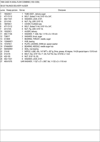 Ссылка Номер детали Кол-во Описание
1666 CASE IH AXIAL-FLOW COMBINE (1/93-12/94)
9D-20 TAILINGS DELIVERY AUGER
1 185225C1 1 TUBE ASSY., delivery auger
2 477-73112 6 BOLT, Slotted Tr Hd, 5/16"-18 x 3/4",
3 492-11031 6 WASHER, LOCK, 5/16",
4 231-5145 6 NUT, Flg, USR, 5/16"-18,
5 186700C1 1 COVER, FLANGE tube
6 477-73112 6 BOLT, Slotted Tr Hd, 5/16"-18 x 3/4",
7 231-5145 6 NUT, Flg, USR, 5/16"-18,
10 193225C1 1 AUGER, delivery
11 495-11106 1 WASHER, 1", SAE, flat, 1-1/16 x 2 x 1/8 inch
12 T38017 2 WASHER, thrust, auger
13 G13609 1 BEARING, THRUST, needle, auger
14 1324840C1 1 HUB, bearing
15 151670C1 4 PLATE, LOCKING, SHIM pin, spacer washer
19 574940R91 2 BEARING, NEEDLE, needle auger hub
21 564592R91 2 SEAL, hub bearing
22 219-90 1 NIPPLE, LUBE, 45є, 1/4" NPT x .80" lg, Drive, grease, 45 degree, 1/4-28 special taper x 13/16 inch
24 413-516 6 BOLT, Hex, 5/16"-18 x 1", G5, Full Thd, hex, 5/16 NC x 1 inch
25 425-105 6 NUT, 5/16"-18, G5,
26 492-11031 6 WASHER, LOCK, 5/16",
27 495-81076 UAR WASHER, 1 1/32" x 2" x .060", flat, 1-1/32 x 2 x 1/16 inch
 