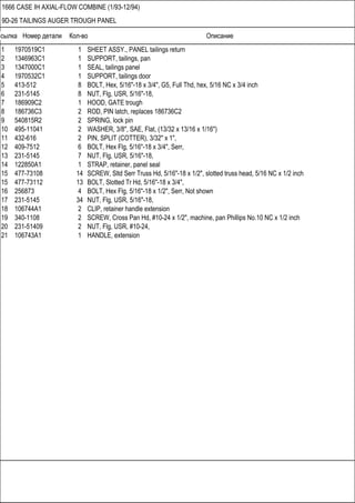 Ссылка Номер детали Кол-во Описание
1666 CASE IH AXIAL-FLOW COMBINE (1/93-12/94)
9D-26 TAILINGS AUGER TROUGH PANEL
1 1970519C1 1 SHEET ASSY., PANEL tailings return
2 1346963C1 1 SUPPORT, tailings, pan
3 1347000C1 1 SEAL, tailings panel
4 1970532C1 1 SUPPORT, tailings door
5 413-512 8 BOLT, Hex, 5/16"-18 x 3/4", G5, Full Thd, hex, 5/16 NC x 3/4 inch
6 231-5145 8 NUT, Flg, USR, 5/16"-18,
7 186909C2 1 HOOD, GATE trough
8 186736C3 2 ROD, PIN latch, replaces 186736C2
9 540815R2 2 SPRING, lock pin
10 495-11041 2 WASHER, 3/8", SAE, Flat, (13/32 x 13/16 x 1/16")
11 432-616 2 PIN, SPLIT (COTTER), 3/32" x 1",
12 409-7512 6 BOLT, Hex Flg, 5/16"-18 x 3/4", Serr,
13 231-5145 7 NUT, Flg, USR, 5/16"-18,
14 122850A1 1 STRAP, retainer, panel seal
15 477-73108 14 SCREW, Sltd Serr Truss Hd, 5/16"-18 x 1/2", slotted truss head, 5/16 NC x 1/2 inch
15 477-73112 13 BOLT, Slotted Tr Hd, 5/16"-18 x 3/4",
16 256873 4 BOLT, Hex Flg, 5/16"-18 x 1/2", Serr, Not shown
17 231-5145 34 NUT, Flg, USR, 5/16"-18,
18 106744A1 2 CLIP, retainer handle extension
19 340-1108 2 SCREW, Cross Pan Hd, #10-24 x 1/2", machine, pan Phillips No.10 NC x 1/2 inch
20 231-51409 2 NUT, Flg, USR, #10-24,
21 106743A1 1 HANDLE, extension
 