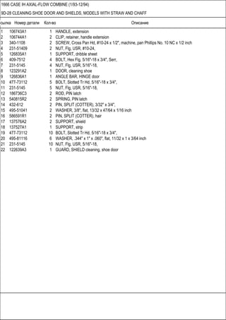 Ссылка Номер детали Кол-во Описание
1666 CASE IH AXIAL-FLOW COMBINE (1/93-12/94)
9D-28 CLEANING SHOE DOOR AND SHIELDS, MODELS WITH STRAW AND CHAFF
1 106743A1 1 HANDLE, extension
2 106744A1 2 CLIP, retainer, handle extension
3 340-1108 2 SCREW, Cross Pan Hd, #10-24 x 1/2", machine, pan Phillips No. 10 NC x 1/2 inch
4 231-51409 2 NUT, Flg, USR, #10-24,
5 126835A1 1 SUPPORT, dribble sheet
6 409-7512 4 BOLT, Hex Flg, 5/16"-18 x 3/4", Serr,
7 231-5145 4 NUT, Flg, USR, 5/16"-18,
8 123291A2 1 DOOR, cleaning shoe
9 126836A1 1 ANGLE BAR, HINGE door
10 477-73112 5 BOLT, Slotted Tr Hd, 5/16"-18 x 3/4",
11 231-5145 5 NUT, Flg, USR, 5/16"-18,
12 186736C3 2 ROD, PIN latch
13 540815R2 2 SPRING, PIN latch
14 432-612 2 PIN, SPLIT (COTTER), 3/32" x 3/4",
15 495-51041 2 WASHER, 3/8", flat, 13/32 x 47/64 x 1/16 inch
16 586591R1 2 PIN, SPLIT (COTTER), hair
17 137576A2 2 SUPPORT, shield
18 137527A1 1 SUPPORT, strip
19 477-73112 10 BOLT, Slotted Tr Hd, 5/16"-18 x 3/4",
20 495-81116 6 WASHER, .344" x 1" x .060", flat, 11/32 x 1 x 3/64 inch
21 231-5145 10 NUT, Flg, USR, 5/16"-18,
22 122639A3 1 GUARD, SHIELD cleaning, shoe door
 