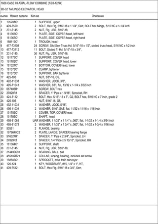 Ссылка Номер детали Кол-во Описание
1666 CASE IH AXIAL-FLOW COMBINE (1/93-12/94)
9D-32 TAILINGS ELEVATOR, HEAD
1 195201C1 1 SUPPORT, upper
2 409-7520 2 BOLT, Hex Flg, 5/16"-18 x 1 1/4", Serr, BOLT hex flange, 5/16 NC x 1-1/4 inch
3 231-5145 2 NUT, Flg, USR, 5/16"-18,
4 181366C1 1 PLATE, SIDE, COVER head, left hand
5 181367C1 1 PLATE, SIDE, COVER head, right hand
6 188119C1 1 TROUGH, head
9 477-73108 24 SCREW, Sltd Serr Truss Hd, 5/16"-18 x 1/2", slotted truss head, 5/16 NC x 1/2 inch
10 477-73112 11 BOLT, Slotted Tr Hd, 5/16"-18 x 3/4",
11 231-5145 36 NUT, Flg, USR, 5/16"-18,
12 191776C1 1 SUPPORT, COVER head
13 191782C1 1 SUPPORT, COVER head, lower
14 181327C1 1 BOTTOM, COVER head, lower
15 181376C1 1 CLAMP, tightener
16 181375C1 1 SUPPORT, BAR tightener
17 425-106 1 NUT, 3/8"-16, G5,
18 492-11038 1 WASHER, LOCK, 3/8",
19 495-71041 1 WASHER, 3/8", flat, 13/32 x 1-1/4 x 3/32 inch
20 667486R1 2 SCREW, BOLT hex
22 27828R1 1 SPACER, 1" Pipe x 1 9/16", Sprocket, RH
23 424-5112 1 BOLT, Hex, 5/16"-18 x 7", G2, BOLT hex, 5/16 NC x 7 inch, grade 2
24 425-105 1 NUT, 5/16"-18, G5,
25 492-11031 1 WASHER, LOCK, 5/16",
26 495-11034 2 WASHER, 5/16", SAE, flat, 11/32 x 11/16 x 1/16 inch
27 191783C1 1 COVER, TOP, COVER head
28 191785C1 1 SHAFT, head
29 495-81065 UAR WASHER, 1 1/32" x 1 1/4" x .060", flat, 1-1/32 x 1-1/4 x 3/64 inch
30 495-81073 2 WASHER, 1 1/32" x 1 3/4" x .060", flat, 1-1/32 x 1-3/4 x 1/16 inch
31 50591 2 FLANGE, bearing
32 1979640C2 2 PLATE, LARGE, SPACER bearing flange
33 516327R1 1 SPACER, 1" Pipe x 2 3/4", Sprocket, LH
34 27829R1 1 SPACER, 1/4" Pipe x 5 13/16", Sprocket, RH
35 181364C1 2 SUPPORT, shaft
36 231-5145 4 NUT, Flg, USR, 5/16"-18,
37 214490C91 2 BEARING, BALL, ball
38 455102R21 2 COLLAR, locking, bearing, includes set screw
39 168683C1 1 SPROCKET, drive train conveyor
40 126-124 1 KEY, WOODRUFF, #15, 1/4" x 1", HT,
41 409-7512 4 BOLT, Hex Flg, 5/16"-18 x 3/4", Serr,
 