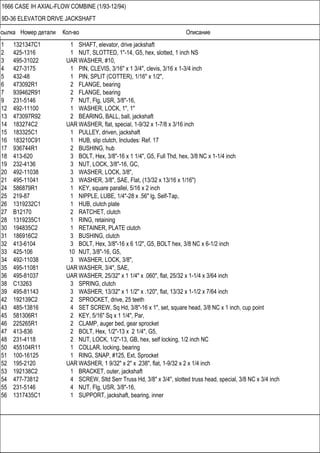 Ссылка Номер детали Кол-во Описание
1666 CASE IH AXIAL-FLOW COMBINE (1/93-12/94)
9D-36 ELEVATOR DRIVE JACKSHAFT
1 1321347C1 1 SHAFT, elevator, drive jackshaft
2 425-1316 1 NUT, SLOTTED, 1"-14, G5, hex, slotted, 1 inch NS
3 495-31022 UAR WASHER, #10,
4 427-3175 1 PIN, CLEVIS, 3/16" x 1 3/4", clevis, 3/16 x 1-3/4 inch
5 432-48 1 PIN, SPLIT (COTTER), 1/16" x 1/2",
6 473092R1 2 FLANGE, bearing
7 939462R91 2 FLANGE, bearing
9 231-5146 7 NUT, Flg, USR, 3/8"-16,
12 492-11100 1 WASHER, LOCK, 1", 1"
13 473097R92 2 BEARING, BALL, ball, jackshaft
14 183274C2 UAR WASHER, flat, special, 1-9/32 x 1-7/8 x 3/16 inch
15 183325C1 1 PULLEY, driven, jackshaft
16 183210C91 1 HUB, slip clutch, Includes: Ref. 17
17 936744R1 2 BUSHING, hub
18 413-620 3 BOLT, Hex, 3/8"-16 x 1 1/4", G5, Full Thd, hex, 3/8 NC x 1-1/4 inch
19 232-4136 3 NUT, LOCK, 3/8"-16, GC,
20 492-11038 3 WASHER, LOCK, 3/8",
21 495-11041 3 WASHER, 3/8", SAE, Flat, (13/32 x 13/16 x 1/16")
24 586879R1 1 KEY, square parallel, 5/16 x 2 inch
25 219-87 1 NIPPLE, LUBE, 1/4"-28 x .56" lg, Self-Tap,
26 1319232C1 1 HUB, clutch plate
27 B12170 2 RATCHET, clutch
28 1319235C1 1 RING, retaining
30 194835C2 1 RETAINER, PLATE clutch
31 186916C2 3 BUSHING, clutch
32 413-6104 3 BOLT, Hex, 3/8"-16 x 6 1/2", G5, BOLT hex, 3/8 NC x 6-1/2 inch
33 425-106 10 NUT, 3/8"-16, G5,
34 492-11038 3 WASHER, LOCK, 3/8",
35 495-11081 UAR WASHER, 3/4", SAE,
36 495-81037 UAR WASHER, 25/32" x 1 1/4" x .060", flat, 25/32 x 1-1/4 x 3/64 inch
38 C13263 3 SPRING, clutch
39 495-81143 3 WASHER, 13/32" x 1 1/2" x .120", flat, 13/32 x 1-1/2 x 7/64 inch
42 192139C2 2 SPROCKET, drive, 25 teeth
43 485-13816 4 SET SCREW, Sq Hd, 3/8"-16 x 1", set, square head, 3/8 NC x 1 inch, cup point
45 581306R1 2 KEY, 5/16" Sq x 1 1/4", Par,
46 225265R1 2 CLAMP, auger bed, gear sprocket
47 413-836 2 BOLT, Hex, 1/2"-13 x 2 1/4", G5,
48 231-4118 2 NUT, LOCK, 1/2"-13, GB, hex, self locking, 1/2 inch NC
50 455104R11 1 COLLAR, locking, bearing
51 100-16125 1 RING, SNAP, #125, Ext, Sprocket
52 195-2120 UAR WASHER, 1 9/32" x 2" x .238", flat, 1-9/32 x 2 x 1/4 inch
53 192138C2 1 BRACKET, outer, jackshaft
54 477-73812 4 SCREW, Sltd Serr Truss Hd, 3/8" x 3/4", slotted truss head, special, 3/8 NC x 3/4 inch
55 231-5146 4 NUT, Flg, USR, 3/8"-16,
56 1317435C1 1 SUPPORT, jackshaft, bearing, inner
 