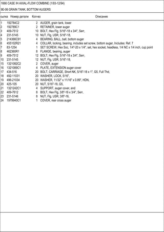 Ссылка Номер детали Кол-во Описание
1666 CASE IH AXIAL-FLOW COMBINE (1/93-12/94)
9E-06 GRAIN TANK, BOTTOM AUGERS
1 192784C2 2 AUGER, grain tank, lower
2 192789C1 2 RETAINER, lower auger
3 409-7512 10 BOLT, Hex Flg, 5/16"-18 x 3/4", Serr,
4 231-5145 10 NUT, Flg, USR, 5/16"-18,
5 214366C91 4 BEARING, BALL, ball, bottom auger
6 455102R21 4 COLLAR, locking, bearing, includes set screw, bottom auger, Includes: Ref. 7
7 83-1254 1 SET SCREW, Hex Soc, 1/4"-20 x 1/4", set, hex socket, headless, 1/4 NC x 1/4 inch, cup point
8 462360R1 8 FLANGE, bearing, auger
9 409-7512 12 BOLT, Hex Flg, 5/16"-18 x 3/4", Serr,
10 231-5145 12 NUT, Flg, USR, 5/16"-18,
15 1321082C2 2 COVER, auger
16 1321089C1 4 PLATE, EXTENSION auger cover
17 434-516 20 BOLT, CARRIAGE, Short NK, 5/16"-18 x 1", G5, Full Thd,
18 492-11031 20 WASHER, LOCK, 5/16",
19 496-21034 20 WASHER, 11/32" x 11/16" x 0.89", HDN,
20 425-105 20 NUT, 5/16"-18, G5,
21 1321242C1 4 SUPPORT, auger cover, end
22 409-7612 8 BOLT, Hex Flg, 3/8"-16 x 3/4", Serr,
23 231-5146 8 NUT, Flg, USR, 3/8"-16,
24 1979940C1 1 COVER, rear cross auger
 