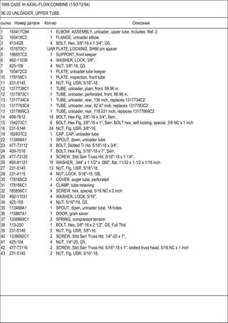 Ссылка Номер детали Кол-во Описание
1666 CASE IH AXIAL-FLOW COMBINE (1/93-12/94)
9E-22 UNLOADER, UPPER TUBE
1 193417C94 1 ELBOW, ASSEMBLY, unloader, upper tube, Includes: Ref. 2
2 193418C3 1 FLANGE, unloader elbow
3 413-628 4 BOLT, Hex, 3/8"-16 x 1 3/4", G5,
4 151670C1 UAR PLATE, LOCKING, SHIM pin spacer
5 186657C2 1 SUPPORT, front keeper
6 492-11038 4 WASHER, LOCK, 3/8",
7 425-106 4 NUT, 3/8"-16, G5,
8 193472C2 1 PLATE, unloader tube keeper
10 178158C1 1 PLATE, inspection, front tube
11 231-5145 4 NUT, Flg, USR, 5/16"-18,
12 1317738C1 1 TUBE, unloader, plain, front, 89.96 in.
12 1317873C1 1 TUBE, unloader, perforated, front, 89.96 in.
13 1317734C4 1 TUBE, unloader, rear, 136 inch, replaces 1317734C2
13 1317783C4 1 TUBE, unloader, rear, 82.47 inch, replaces 1317783C2
13 1317899C3 1 TUBE, unloader, rear, 118.031 inch, replaces 13177899C2
14 409-7612 18 BOLT, Hex Flg, 3/8"-16 x 3/4", Serr,
15 154273C1 6 BOLT, Hex Flg, 3/8"-16 x 1", Serr, BOLT hex, self locking, special, 3/8 NC x 1 inch
16 231-5146 24 NUT, Flg, USR, 3/8"-16,
19 182837C2 1 CAP, CAP, unloader tube
22 113488A1 1 SPOUT, down, unloader tube
23 477-73112 6 BOLT, Slotted Tr Hd, 5/16"-18 x 3/4",
24 409-7516 7 BOLT, Hex Flg, 5/16"-18 x 1", Serr,
25 477-73120 4 SCREW, Sltd Serr Truss Hd, 5/16"-18 x 1 1/4",
26 495-81121 18 WASHER, .344" x 1 1/2" x .060", flat, 11/32 x 1-1/2 x 1/16 inch
27 231-5145 13 NUT, Flg, USR, 5/16"-18,
28 231-4115 4 NUT, LOCK, 5/16"-18, GB,
30 178165C2 1 COVER, auger tube, perforated
31 178166C1 4 CLAMP, tube retaining
32 185856C1 4 SCREW, hex, special, 5/16 NC x 2 inch
33 492-11031 4 WASHER, LOCK, 5/16",
34 425-105 4 NUT, 5/16"-18, G5,
35 113488A1 1 SPOUT, down, unloader tube, 18 holes
36 115867A1 1 DOOR, grain saver
37 1338869C1 2 SPRING, compressor tension
38 113-250 1 BOLT, Hex, 3/8"-16 x 2 1/2", G5, Full Thd,
39 231-5146 2 NUT, Flg, USR, 3/8"-16,
40 1338692C1 2 SCREW, Sltd Serr Truss Hd, 1/4"-20 x 1",
41 425-104 4 NUT, 1/4"-20, G5,
42 477-73116 2 SCREW, Sltd Serr Truss Hd, 5/16"-18 x 1", slotted truss head, 5/16 NC x 1 inch
43 231-5145 2 NUT, Flg, USR, 5/16"-18,
 