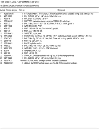 Ссылка Номер детали Кол-во Описание
1666 CASE IH AXIAL-FLOW COMBINE (1/93-12/94)
9E-28 UNLOADER, SWING CYLINDER SUPPORTS
1 1282488C92 1 CYLINDER ASSY., 1-1/2 (38) ID x 20 inch (508 mm) stroke unloader swing, parts list Fig. 8-76
2 427-10225 1 PIN, CLEVIS, 5/8" x 1 1/4", clevis, 5/8 x 2-1/4 inch
3 432-816 2 PIN, SPLIT (COTTER), 1/8" x 1",
4 1321541C2 1 SUPPORT, cylinder unloader, replaces 1321541C1, not shown
5 426-732 6 BOLT, Hex, 7/16"-14 x 2", G8, BOLT hex, 7/16 NC x 2 inch, grade 8
6 492-11044 6 WASHER, LOCK, 7/16",
7 429-107 6 NUT, 7/16"-14, G8, hex, 7/16 inch NC, grade 8
8 329-147 6 NUT, Jam, 7/16"-14, G8,
11 1321509C2 1 SUPPORT, upper, rear
12 477-73820 1 SCREW, Sltd Serr Truss Hd, 3/8"-16 x 1 1/4", slotted truss head, special, 3/8 NC x 1-1/4 inch
13 154273C1 2 BOLT, Hex Flg, 3/8"-16 x 1", Serr, BOLT hex, self locking, special, 3/8 NC x 1 inch
14 231-5146 3 NUT, Flg, USR, 3/8"-16,
15 1321508C1 1 PLATE, cylinder anchor
16 413-832 4 BOLT, Hex, 1/2"-13 x 2", G5, hex, 1/2 NC x 2 inch
17 496-21053 8 WASHER, 17/32" x 1 1/16" x .134", Hardened
18 80679 4 WASHER, LOCK, 1/2",
19 425-108 4 NUT, 1/2"-13, G5,
22 1338388C1 1 SUPPORT, unloader cylinder, see Fig. 9E-20 for mounting hardware
27 427-10225 1 PIN, CLEVIS, 5/8" x 1 1/4", clevis, 5/8 x 2-1/4 inch
28 151670C1 UAR PLATE, LOCKING, SHIM pin spacer, unloader tube keeper
30 1338393C2 1 ANGLE, SUPPORT vertical auger, see Fig. 9E-20 for mounting hardware
 