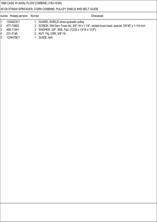 Ссылка Номер детали Кол-во Описание
1666 CASE IH AXIAL-FLOW COMBINE (1/93-12/94)
9F-08 STRAW SPREADER, CORN COMBINE, PULLEY SHIELD AND BELT GUIDE
1 1324423C1 1 GUARD, SHIELD straw spreader pulley
2 477-73820 3 SCREW, Sltd Serr Truss Hd, 3/8"-16 x 1 1/4", slotted truss head, special, 3/8 NC x 1-1/4 inch
3 495-11041 3 WASHER, 3/8", SAE, Flat, (13/32 x 13/16 x 1/16")
4 231-5146 3 NUT, Flg, USR, 3/8"-16,
5 1324419C1 1 GUIDE, belt
 