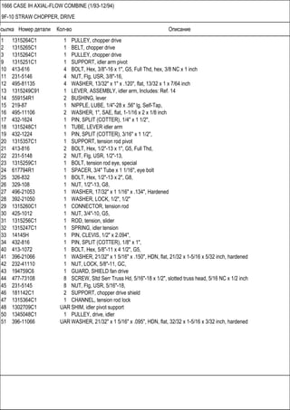 Ссылка Номер детали Кол-во Описание
1666 CASE IH AXIAL-FLOW COMBINE (1/93-12/94)
9F-10 STRAW CHOPPER, DRIVE
1 1315264C1 1 PULLEY, chopper drive
2 1315265C1 1 BELT, chopper drive
3 1315264C1 1 PULLEY, chopper drive
9 1315251C1 1 SUPPORT, idler arm pivot
10 413-616 4 BOLT, Hex, 3/8"-16 x 1", G5, Full Thd, hex, 3/8 NC x 1 inch
11 231-5146 4 NUT, Flg, USR, 3/8"-16,
12 495-81135 4 WASHER, 13/32" x 1" x .120", flat, 13/32 x 1 x 7/64 inch
13 1315249C91 1 LEVER, ASSEMBLY, idler arm, Includes: Ref. 14
14 559154R1 2 BUSHING, lever
15 219-87 1 NIPPLE, LUBE, 1/4"-28 x .56" lg, Self-Tap,
16 495-11106 2 WASHER, 1", SAE, flat, 1-1/16 x 2 x 1/8 inch
17 432-1624 1 PIN, SPLIT (COTTER), 1/4" x 1 1/2",
18 1315248C1 1 TUBE, LEVER idler arm
19 432-1224 1 PIN, SPLIT (COTTER), 3/16" x 1 1/2",
20 1315357C1 1 SUPPORT, tension rod pivot
21 413-816 2 BOLT, Hex, 1/2"-13 x 1", G5, Full Thd,
22 231-5148 2 NUT, Flg, USR, 1/2"-13,
23 1315259C1 1 BOLT, tension rod eye, special
24 617794R1 1 SPACER, 3/4" Tube x 1 1/16", eye bolt
25 326-832 1 BOLT, Hex, 1/2"-13 x 2", G8,
26 329-108 1 NUT, 1/2"-13, G8,
27 496-21053 1 WASHER, 17/32" x 1 1/16" x .134", Hardened
28 392-21050 1 WASHER, LOCK, 1/2", 1/2"
29 1315260C1 1 CONNECTOR, tension rod
30 425-1012 1 NUT, 3/4"-10, G5,
31 1315256C1 1 ROD, tension, slider
32 1315247C1 1 SPRING, idler tension
33 14145H 1 PIN, CLEVIS, 1/2" x 2.094",
34 432-816 1 PIN, SPLIT (COTTER), 1/8" x 1",
40 413-1072 1 BOLT, Hex, 5/8"-11 x 4 1/2", G5,
41 396-21066 1 WASHER, 21/32" x 1 5/16" x .150", HDN, flat, 21/32 x 1-5/16 x 5/32 inch, hardened
42 232-41110 1 NUT, LOCK, 5/8"-11, GC,
43 194759C6 1 GUARD, SHIELD fan drive
44 477-73108 8 SCREW, Sltd Serr Truss Hd, 5/16"-18 x 1/2", slotted truss head, 5/16 NC x 1/2 inch
45 231-5145 8 NUT, Flg, USR, 5/16"-18,
46 181142C1 2 SUPPORT, chopper drive shield
47 1315364C1 1 CHANNEL, tension rod lock
48 1302709C1 UAR SHIM, idler pivot support
50 1345048C1 1 PULLEY, drive, idler
51 396-11066 UAR WASHER, 21/32" x 1 5/16" x .095", HDN, flat, 32/32 x 1-5/16 x 3/32 inch, hardened
 