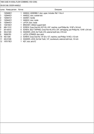 Ссылка Номер детали Кол-во Описание
1666 CASE IH AXIAL-FLOW COMBINE (1/93-12/94)
9G-08 CAB, DOOR HANDLE
1329468C1 1 HANDLE, ASSEMBLY, door, upper, Includes: Ref. 1 thru 4
1 1329440C1 1 HANDLE, door, outside lock
2 1329441C1 1 GASKET, handle
3 1329442C1 1 HANDLE, door, inside
4 1329443C1 1 LATCH, door, inside
5 1330184C1 1 BRACKET, ANGLE support latch
6 489-11012 2 SCREW, Cross Oval Hd, #10"-32 x 3/4", machine, oval Phillips No. 10 NF x 3/4 inch
7 261-63512 6 SCREW, SELF TAPPING, Cross Pan Hd, #10 x 3/4", self tapping, pan Phillips No. 10 NF x 3/4 inch
8 393-41020 6 WASHER, LOCK, Ext Tooth, #10, external tooth lock, 3/16 inch
9 392801R3 1 LATCH, STRIKER, door catch
10 442-1258 2 SCREW, Cross Oval Hd, 1/4"-20 x 1/2", machine, oval Phillips 1/4 NC x 1/2 inch
11 493-51026 2 WASHER, LOCK, Ext Csk Tooth, 1/4", countersunk, external tooth lock, 1/4 inch
12 1970178C1 1 KEY, lock, set of 2
 