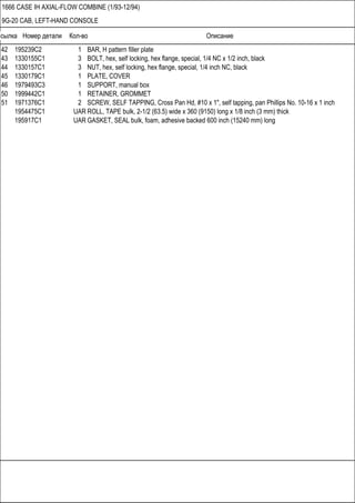 Ссылка Номер детали Кол-во Описание
1666 CASE IH AXIAL-FLOW COMBINE (1/93-12/94)
9G-20 CAB, LEFT-HAND CONSOLE
42 195239C2 1 BAR, H pattern filler plate
43 1330155C1 3 BOLT, hex, self locking, hex flange, special, 1/4 NC x 1/2 inch, black
44 1330157C1 3 NUT, hex, self locking, hex flange, special, 1/4 inch NC, black
45 1330179C1 1 PLATE, COVER
46 1979493C3 1 SUPPORT, manual box
50 1999442C1 1 RETAINER, GROMMET
51 1971376C1 2 SCREW, SELF TAPPING, Cross Pan Hd, #10 x 1", self tapping, pan Phillips No. 10-16 x 1 inch
1954475C1 UAR ROLL, TAPE bulk, 2-1/2 (63.5) wide x 360 (9150) long x 1/8 inch (3 mm) thick
195917C1 UAR GASKET, SEAL bulk, foam, adhesive backed 600 inch (15240 mm) long
 