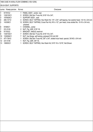 Ссылка Номер детали Кол-во Описание
1666 CASE IH AXIAL-FLOW COMBINE (1/93-12/94)
9G-24 SEAT, SUPPORTS
1 91757C2 1 PANEL ASSY., center, rear
2 1330152C1 2 SCREW, Sltd Serr Truss Hd, 5/16"-18 x 3/4",
3 1979504C1 1 SUPPORT ASSY., seat
4 280-13712 4 SCREW, SELF TAPPING, Hex Wash Hd, 1/4" x 3/4", self tapping, hex washer head, 1/4-14 x 3/4 inch
5 143306C1 12 SCREW, SELF TAPPING, Cross Pan Hd, #10 x 1/2", pan head, cross slotted No. 10-16 x 3/4 inch,
polyseal
6 91695C1 1 CHANNEL, center
7 231-5145 2 NUT, Flg, USR, 5/16"-18,
8 91703C2 1 BRACKET, ANGLE reservoir
9 1330152C1 7 SCREW, Sltd Serr Truss Hd, 5/16"-18 x 3/4",
10 1330064C1 7 NUT, hex flange, self locking, polyseal 5/16 inch NC
11 477-73812 1 SCREW, Sltd Serr Truss Hd, 3/8" x 3/4", slotted truss head, special, 3/8 NC x 3/4 inch
12 231-5146 1 NUT, Flg, USR, 3/8"-16,
13 199953C1 1 SCREW, SELF TAPPING, Hex Wash Hd, 5/16"-18 x 13/16", Not Shown
 