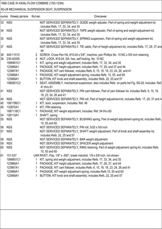 Ссылка Номер детали Кол-во Описание
1666 CASE IH AXIAL-FLOW COMBINE (1/93-12/94)
9G-28 MECHANICAL SUSPENSION SEAT, SUSPENSION
33 NSS NOT SERVICED SEPARATELY, GUIDE weigth adjuster, Part of spring and weight adjustment kit,
includes Refs. 17, 33, 34, and 35
34 NSS NOT SERVICED SEPARATELY, TAPE weight adjuster, Part of spring and weight adjustment kit,
includes Refs. 17, 33, 34, and 35
35 NSS NOT SERVICED SEPARATELY, SPRING suspension, Part of spring and weight adjustment kit,
includes Refs. 17, 33, 34, and 35
37 NSS NOT SERVICED SEPARATELY, TIE cable, Part of height adjustment kit, includes Refs. 17, 29, 37 and
44
38 440-11010 2 SCREW, Cross Pan Hd, #10-24 x 5/8", machine, pan Phillips No. 10 NC x 5/8 inch retaining
39 230-42409 2 NUT, LOCK, #10-24, GA, hex, self locking, No. 10 NC
1999901C1 1 KIT, spring and weight adjustment, includes Refs. 17, 33, 34, and 35
123966A1 1 PACKAGE, KIT height adjustment, includes Refs. 17, 29, and 37 and 44
123967A1 1 PACKAGE, KIT cam follower, includes Refs. 6, 15, 16, 18, 23, 24, 26, and 41
123968A1 1 PACKAGE, KIT weight adjustment spring, includes Refs. 10, 55, and 60
123969A1 1 BUTTON, KIT knob and shaft assembly, includes Refs. 22, 25 and 57
1990651C2 1 SEAT, ASSEMBLY, mechanical suspension, also includes Refs. on parts list Fig. 9G-26, Includes: Ref.
41 thru 61
41 NSS NOT SERVICED SEPARATELY, PIN cam follower, Part of cam follower kit, includes Refs. 6, 15, 16,
18, 23, 24, 26 and 41
44 NSS NOT SERVICED SEPARATELY, PIN roll, Part of height adjustment kit, includes Refs. 17, 29, 37 and 44
45 1981786C1 1 KIT, boot, suspension, Includes: Ref. 46
46 132872A1 1 KIT, PIN retaining
1987116C1 1 PACKAGE, KIT weight adjustment, Includes: Ref. 54 thru 60
54 128115A1 1 SHAFT, spring
55 NSS NOT SERVICED SEPARATELY, BUSHING spring, Part of weight adjustment spring kit, includes Refs.
10, 55 and 60
56 NSS NOT SERVICED SEPARATELY, PIN roll, 5/32 x 5/8 inch
57 NSS NOT SERVICED SEPARATELY, SHAFT weight adjustment, Part of knob and shaft assembly kit,
includes Refs. 22, 25 and 57
58 NSS NOT SERVICED SEPARATELY, BAR weight adjustment
59 NSS NOT SERVICED SEPARATELY, SPACER weight adjustment
60 NSS NOT SERVICED SEPARATELY, RING retaining, Part of weight adjustment spring kit, includes Refs.
10, 55 and 60
61 151-537 UAR RIVET, Pop, 1/8" x .650", break mandrel, 1/8 x 5/8 inch, not shown
1999901C1 1 KIT, spring and weight adjustment, includes Refs. 17, 33, 34, and 35
123966A1 1 PACKAGE, KIT height adjustment, includes Refs. 17, 29, 37, and 44
123967A1 1 PACKAGE, KIT cam follower, includes Refs. 6, 15, 16, 18, 23, 24, 26 and 41
123968A1 1 PACKAGE, KIT weight adjustment spring, includes Refs.10, 55 and 60
123969A1 1 BUTTON, KIT knob and shaft assembly, includes Refs. 22, 25 and 57
 