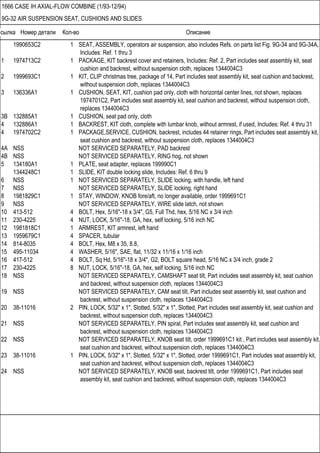 Ссылка Номер детали Кол-во Описание
1666 CASE IH AXIAL-FLOW COMBINE (1/93-12/94)
9G-32 AIR SUSPENSION SEAT, CUSHIONS AND SLIDES
1990653C2 1 SEAT, ASSEMBLY, operators air suspension, also includes Refs. on parts list Fig. 9G-34 and 9G-34A,
Includes: Ref. 1 thru 3
1 1974713C2 1 PACKAGE, KIT backrest cover and retainers, Includes: Ref. 2, Part includes seat assembly kit, seat
cushion and backrest, without suspension cloth, replaces 1344004C3
2 1999693C1 1 KIT, CLIP christmas tree, package of 14, Part includes seat assembly kit, seat cushion and backrest,
without suspension cloth, replaces 1344004C3
3 136336A1 1 CUSHION, SEAT, KIT, cushion pad only, cloth with horizontal center lines, not shown, replaces
1974701C2, Part includes seat assembly kit, seat cushion and backrest, without suspension cloth,
replaces 1344004C3
3B 132885A1 1 CUSHION, seat pad only, cloth
4 132886A1 1 BACKREST, KIT cloth, complete with lumbar knob, without armrest, if used, Includes: Ref. 4 thru 31
4 1974702C2 1 PACKAGE,SERVICE, CUSHION, backrest, includes 44 retainer rings, Part includes seat assembly kit,
seat cushion and backrest, without suspension cloth, replaces 1344004C3
4A NSS NOT SERVICED SEPARATELY, PAD backrest
4B NSS NOT SERVICED SEPARATELY, RING hog, not shown
5 134180A1 1 PLATE, seat adapter, replaces 199990C1
1344248C1 1 SLIDE, KIT double locking slide, Includes: Ref. 6 thru 9
6 NSS 1 NOT SERVICED SEPARATELY, SLIDE locking, with handle, left hand
7 NSS NOT SERVICED SEPARATELY, SLIDE locking, right hand
8 1981829C1 1 STAY, WINDOW, KNOB fore/aft, no longer available, order 1999691C1
9 NSS NOT SERVICED SEPARATELY, WIRE slide latch, not shown
10 413-512 4 BOLT, Hex, 5/16"-18 x 3/4", G5, Full Thd, hex, 5/16 NC x 3/4 inch
11 230-4225 4 NUT, LOCK, 5/16"-18, GA, hex, self locking, 5/16 inch NC
12 1981818C1 1 ARMREST, KIT armrest, left hand
13 1959679C1 4 SPACER, tubular
14 814-8035 4 BOLT, Hex, M8 x 35, 8.8,
15 495-11034 4 WASHER, 5/16", SAE, flat, 11/32 x 11/16 x 1/16 inch
16 417-512 4 BOLT, Sq Hd, 5/16"-18 x 3/4", G2, BOLT square head, 5/16 NC x 3/4 inch, grade 2
17 230-4225 8 NUT, LOCK, 5/16"-18, GA, hex, self locking, 5/16 inch NC
18 NSS NOT SERVICED SEPARATELY, CAMSHAFT seat tilt, Part includes seat assembly kit, seat cushion
and backrest, without suspension cloth, replaces 1344004C3
19 NSS NOT SERVICED SEPARATELY, CAM seat tilt, Part includes seat assembly kit, seat cushion and
backrest, without suspension cloth, replaces 1344004C3
20 38-11016 2 PIN, LOCK, 5/32" x 1", Slotted, 5/32" x 1", Slotted, Part includes seat assembly kit, seat cushion and
backrest, without suspension cloth, replaces 1344004C3
21 NSS NOT SERVICED SEPARATELY, PIN spiral, Part includes seat assembly kit, seat cushion and
backrest, without suspension cloth, replaces 1344004C3
22 NSS NOT SERVICED SEPARATELY, KNOB seat tilt, order 1999691C1 kit , Part includes seat assembly kit,
seat cushion and backrest, without suspension cloth, replaces 1344004C3
23 38-11016 1 PIN, LOCK, 5/32" x 1", Slotted, 5/32" x 1", Slotted, order 1999691C1, Part includes seat assembly kit,
seat cushion and backrest, without suspension cloth, replaces 1344004C3
24 NSS NOT SERVICED SEPARATELY, KNOB seat, backrest tilt, order 1999691C1, Part includes seat
assembly kit, seat cushion and backrest, without suspension cloth, replaces 1344004C3
 