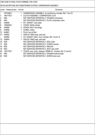 Ссылка Номер детали Кол-во Описание
1666 CASE IH AXIAL-FLOW COMBINE (1/93-12/94)
9G-46 HEATER AND AIR CONDITIONING SYSTEM, COMPRESSOR ASSEMBLY
1977959C1 1 COMPRESSOR, ASSEMBLY, air conditioning, Includes: Ref. 1 thru 22
1 1981779C1 1 CLUTCH ASSEMBLY, COMPRESSOR, 6 inch
2 NSS NOT SERVICED SEPARATELY, HOUSING compressor
4 NSS NOT SERVICED SEPARATELY, PLATE compressor valve
5 A49668 1 KIT, GASKET, valve plate
6 1958959C1 1 COVER, HEAD cylinder
8 A49669 5 SCREW, BOLT hex flange
9 A49666 1 O-RING, rubber
12 A49667 1 PLUG, hex oil filter
13 A49664 1 CIRCLIP, RING snap, seal seat
A49665 1 KIT, GASKET, SEAL, front, Includes: Ref. 15 and 19
15 A49664 1 CIRCLIP, RING snap, seal seat
16 NSS NOT SERVICED SEPARATELY, SEAL shaft
17 NSS NOT SERVICED SEPARATELY, O-RING housing
18 NSS NOT SERVICED SEPARATELY, RING felt
19 NSS NOT SERVICED SEPARATELY, SEAT seal, shaft
20 1981776C1 1 COVER, dust, clutch, replaces 1958961C1, Includes: Ref. 21 and 22
21 NSS NOT SERVICED SEPARATELY, WASHER external teeth
22 NSS NOT SERVICED SEPARATELY, SCREW dust cover
 