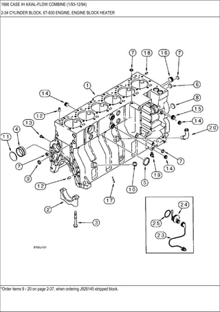 *Order items 9 - 20 on page 2-37, when ordering J926145 stripped block.
1666 CASE IH AXIAL-FLOW COMBINE (1/93-12/94)
2-34 CYLINDER BLOCK, 6T-830 ENGINE, ENGINE BLOCK HEATER
 