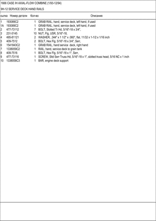 Ссылка Номер детали Кол-во Описание
1666 CASE IH AXIAL-FLOW COMBINE (1/93-12/94)
9H-12 SERVICE DECK HAND RAILS
1 193089C2 1 GRAB RAIL, hand, service deck, left hand, if used
1A 193089C2 1 GRAB RAIL, hand, service deck, left hand, if used
2 477-73112 7 BOLT, Slotted Tr Hd, 5/16"-18 x 3/4",
3 231-5145 10 NUT, Flg, USR, 5/16"-18,
4 495-81121 2 WASHER, .344" x 1 1/2" x .060", flat, 11/32 x 1-1/2 x 1/16 inch
5 409-7512 2 BOLT, Hex Flg, 5/16"-18 x 3/4", Serr,
6 1541843C2 1 GRAB RAIL, hand service deck, right hand
7 1338059C2 1 RAIL, hand, service deck to grain tank
8 409-7516 1 BOLT, Hex Flg, 5/16"-18 x 1", Serr,
9 477-73116 1 SCREW, Sltd Serr Truss Hd, 5/16"-18 x 1", slotted truss head, 5/16 NC x 1 inch
10 1338058C3 1 BAR, engine deck support
 