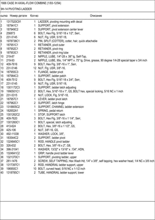 Ссылка Номер детали Кол-во Описание
1666 CASE IH AXIAL-FLOW COMBINE (1/93-12/94)
9H-14 PIVOTING LADDER
1 1317520C91 1 LADDER, pivoting mounting with decal
2 187941C1 1 SUPPORT, pivot extension
3 187949C2 1 SUPPORT, pivot extension center lever
4 256873 6 BOLT, Hex Flg, 5/16"-18 x 1/2", Serr,
5 231-5145 6 NUT, Flg, USR, 5/16"-18,
6 1978738C1 2 PIN, SPLIT (COTTER), cotter, hair, quick attachable
7 187951C1 1 RETAINER, pivot outer
8 187952C1 2 RETAINER, pivot ring
9 187953C1 2 RETAINER, pivot ring lube
10 219-87 2 NIPPLE, LUBE, 1/4"-28 x .56" lg, Self-Tap,
11 219-93 2 NIPPLE, LUBE, 90є, 1/4" NPT x .75" lg, Drive, grease, 90 degree 1/4-28 special taper x 3/4 inch
12 409-7616 9 BOLT, Hex Flg, 3/8"-16 x 1", Serr,
13 231-5146 12 NUT, Flg, USR, 3/8"-16,
14 187955C3 1 FLANGE, ladder pivot
15 187984C3 1 SUPPORT, ladder patch
16 409-7512 9 BOLT, Hex Flg, 5/16"-18 x 3/4", Serr,
17 231-5145 9 NUT, Flg, USR, 5/16"-18,
18 1301172C3 1 SUPPORT, ladder latch adjusting
19 1990501C1 2 BOLT, Hex, 5/16"-18 x 1", G5, BOLT hex, special locking, 5/16 NC x 1 inch
20 231-5315 2 NUT, LOCK, Flg, 5/16"-18,
21 187957C1 1 LEVER, ladder pivot latch
22 187962C1 2 SUPPORT, latch hinge
23 1318805C2 1 SUPPORT, CHANNEL ladder extension
24 182652A1 1 SPRING, pedal return
25 1301262C2 1 STOP, SUPPORT latch
26 409-7620 3 BOLT, Hex Flg, 3/8"-16 x 1 1/4", Serr,
27 1301260C1 1 BOLT, special, latch adjusting
28 413-624 2 BOLT, Hex, 3/8"-16 x 1 1/2", G5,
29 425-106 2 NUT, 3/8"-16, G5,
30 492-11038 1 WASHER, LOCK, 3/8",
31 183544C2 2 SUPPORT, ladder pivot
32 1324845C1 1 ROD, HANDLE pivot ladder
33 326-632 2 BOLT, Hex, 3/8"-16 x 2", G8,
34 396-31041 1 WASHER, 13/32" x 13/16" x .134", HDN,
35 1324841C2 1 GRIP, handle pivot ladder lever
36 1321370C1 1 SUPPORT, pivoting ladder, upper
37 281-1476 2 SCREW, SELF TAPPING, Hex Wash Hd, 1/4" x 3/8", self tapping, hex washer head, 1/4 NC x 3/8 inch
38 1317397C1 2 ROD, HANDRAIL ladder support, upper
39 196955C1 10 BOLT, curved head, 5/16 NC x 1-1/2 inch
40 1318785C1 2 TUBE, HANDRAIL ladder support, lower
 