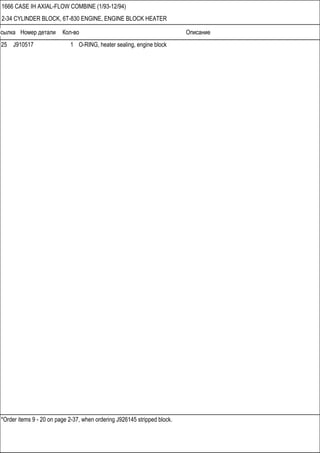 Ссылка Номер детали Кол-во Описание
*Order items 9 - 20 on page 2-37, when ordering J926145 stripped block.
1666 CASE IH AXIAL-FLOW COMBINE (1/93-12/94)
2-34 CYLINDER BLOCK, 6T-830 ENGINE, ENGINE BLOCK HEATER
25 J910517 1 O-RING, heater sealing, engine block
 