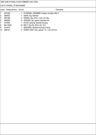 Ссылка Номер детали Кол-во Описание
1666 CASE IH AXIAL-FLOW COMBINE (1/93-12/94)
2-42 FLYWHEEL, 6T-830 ENGINE
1 J917052 1 FLYWHEEL, ASSEMBLY engine, Includes: Ref. 2
2 J905427 1 GEAR, ring, flywheel
3 J901395 8 SCREW, Hex, M12 x 1.25 x 32, Spc,
4 J900269 8 WASHER, flat, special, flywheel bolt
7 J913593 1 PLATE, backing, flywheel housing
8 854-12040 10 BOLT, Hex Flg, M12 x 40, 10.9,
9 J912473 1 SEALRING, flywheel housing to block
10 J908181 8 SCREW, BOLT hex, special, 12 - 1.25 x 50 mm
 