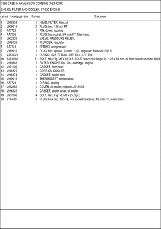 Ссылка Номер детали Кол-во Описание
1666 CASE IH AXIAL-FLOW COMBINE (1/93-12/94)
2-46 OIL FILTER AND COOLER, 6T-830 ENGINE
1 J918334 1 HEAD, FILTER, filter, oil
2 J906619 2 PLUG, hex, 1/8 inch PT
3 A77722 1 PIN, dowel, locating
4 A77505 1 PLUG, hex socket, 3/4 inch PT, filter head
5 J902338 1 VALVE, PRESSURE RELIEF,
6 J918532 1 PLUNGER, regulator
7 A77541 1 SPRING, compression
8 J919016 1 PLUG, hex, special, 24 mm - 1.50, regulator, Includes: Ref. 9
9 238-5022 1 O-RING, -022, 70 Duro, .989" ID x .070" Thk,
10 845-8065 11 BOLT, Hex Flg, M8 x 65, 8.8, BOLT heavy hex flange, 8 - 1.25 x 65 mm, oil filter head to cylinder block
11 J919562 1 FILTER, ENGINE OIL, OIL, cartridge, engine
12 J921605 1 GASKET, filter head
13 J918175 1 CORE-OIL COOLER,
14 J918174 1 GASKET, cooler core
15 J919015 1 THERMOSTAT, temperature
16 A77724 1 O-RING, sealing
17 J922882 1 COVER, oil cooler, replaces J918403
18 J918332 1 GASKET, cooler cover, oil cooler
19 J907860 4 BOLT, Hex, Flg Hd, M8 x 25, Spcl,
20 217-439 1 PLUG, Hex Soc, 1/2"-14, hex socket headless, 1/2 inch PT, water drain
 