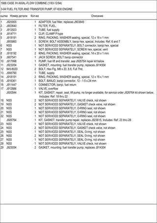 Ссылка Номер детали Кол-во Описание
1666 CASE IH AXIAL-FLOW COMBINE (1/93-12/94)
3-04 FUEL FILTER AND TRANSFER PUMP, 6T-830 ENGINE
1 J925955 1 ADAPTER, fuel filter, replaces J903845
2 J903640 1 FILTER, FUEL,
3 J912923 1 TUBE, fuel supply
4 J914711 1 CLIP, CLAMP P-type
5 J918191 2 RING, PACKING, WASHER sealing, special, 12 x 18 x 1 mm
J905860 1 SCREW, BOLT ASSEMBLY, banjo hex, special, Includes: Ref. 6 and 7
6 NSS 1 NOT SERVICED SEPARATELY, BOLT connector, banjo hex, special
7 NSS 1 NOT SERVICED SEPARATELY, SCREW hex, special, vent
8 J918192 2 RING, PACKING, WASHER sealing, special, 14 x 20 x 1 mm
9 J907541 1 JACK SCREW, BOLT banjo connector
10 J917998 1 PUMP, fuel lift and transfer, see J926764 repair kit below
11 J923054 1 GASKET, mounting, fuel transfer pump, replaces J914304
12 845-8020 2 BOLT, Hex Flg, M8 x 20, 8.8, Full Thd,
13 J906790 1 TUBE, supply
14 J918191 2 RING, PACKING, WASHER sealing, special, 12 x 18 x 1 mm
15 J916361 1 BOLT, BANJO, banjo connector, 12 - 1.5 x 24 mm
16 J911447 1 CONNECTOR, banjo, fuel return
17 J912886 1 VALVE, overflow
J920544 1 KIT, GASKET, repair, seal, lift pump, no longer available, for service order J926764 kit shown below,
Includes: Ref. 18 thru 22
18 NSS 2 NOT SERVICED SEPARATELY, VALVE check, not shown
19 NSS 2 NOT SERVICED SEPARATELY, GASKET check valve, not shown
20 NSS 1 NOT SERVICED SEPARATELY, O-RING seal, not shown
21 NSS 3 NOT SERVICED SEPARATELY, O-RING seal, not shown
22 NSS 1 NOT SERVICED SEPARATELY, O-RING seal, not shown
J926764 1 KIT, GASKET, transfer pump repair, replaces J923615, Includes: Ref. 23 thru 28
23 NSS 1 NOT SERVICED SEPARATELY, VALVE check, not shown
24 NSS 2 NOT SERVICED SEPARATELY, GASKET check valve, not shown
25 NSS 1 NOT SERVICED SEPARATELY, SEAL O-ring, not shown
26 NSS 2 NOT SERVICED SEPARATELY, SEAL O-ring, not shown
27 NSS 1 NOT SERVICED SEPARATELY, SEAL O-ring, not shown
28 NSS 1 NOT SERVICED SEPARATELY, VALVE check, not shown
29 J923054 2 GASKET, mounting, fuel transfer pump, replaces J914304
 