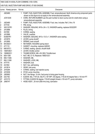 Ссылка Номер детали Кол-во Описание
1666 CASE IH AXIAL-FLOW COMBINE (1/93-12/94)
3-06 FUEL INJECTION PUMP AND DRIVE, 6T-830 ENGINE
J923480 1 PUMP, FUEL INJECTION, ASSEMBLY fuel, remanufactured, North America only,component parts
shown on this figure do not apply to the remanufactured assembly
JC913339 1 CORE, RETURN NUMBER use this part number to return pump core for credit when using a
remanufactured assembly
1 J923480 1 PUMP, FUEL INJECTION, ASSEMBLY fuel, new, Includes: Ref. 2 thru 19
2 A77720 1 PIN, timing
3 3051337R1 1 WASHER, SEALING, M18 x 24 x 1.5, WASHER sealing, replaces 933222R1
4 J912888 1 PLUG, timing
5 A41856 1 O-RING, sealing
6 J912886 1 VALVE, overflow
7 933697R1 1 WASHER, SEALING, M10 x 13.5 x 1, WASHER valve sealing
8 J910979 1 LEVER, pump shutoff
9 J912890 1 SPRING, lever shutoff
10 691292C1 1 RETAINER, HOUSING spring return
11 A71110 1 GASKET, mounting, replaces A46322
12 680187C1 1 O-RING, sealing, special, shutoff shaft
13 1808728C1 1 LEVER, throttle control
14 1808822C1 1 THUMB SCREW, M6 x 26, BOLT throttle lever
15 829-1306 1 NUT, M6, Cl 10, Replaces 1806312C1
16 895-11006 1 WASHER, M6,
17 892-11006 1 WASHER, LOCK, M6,
18 A77775 1 WASHER, lock
19 A41852 1 NUT, hex, self-locking
22 J912614 1 GEAR, fuel pump
23 J916284 1 O-RING, sealing, fuel injection pump
24 J915036 4 STUD, pump mounting
25 J902662 4 NUT, hex flange, 10 mm, fuel pump to timing gear housing
26 222-762 1 ELBOW, 90є, 7/16"-20, 45є Fl x 1/8" NPT, 90 degree, 7/16-20 45 degree flare x 1/8 inch PT
27 J915172 1 FITTING, ELBOW 90 degree, 7/16-20 straight thread x 1/8 inch PT, pump lubrication
28 J906747 1 HOSE ASSY., 20 inch (508 mm) long, lubrication
 