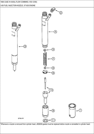 *Whenever a nozzle is removed from cylinder head, J906659 gasket must be replaced before nozzle is reinstalled in cylinder head.
1666 CASE IH AXIAL-FLOW COMBINE (1/93-12/94)
3-08 FUEL INJECTION NOZZLE, 6T-830 ENGINE
 