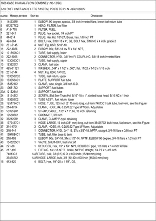 Ссылка Номер детали Кол-во Описание
1666 CASE IH AXIAL-FLOW COMBINE (1/93-12/94)
3-10 FUEL LINES AND FILTER SYSTEM, PRIOR TO P.I.N. JJC0106005
1 144535R1 1 ELBOW, 90 degree, special, 3/8 inch inverted flare, lower fuel return tube
5 612277C2 1 HEAD, FILTER, fuel filter
6 A184776 1 FILTER, FUEL,
7 221-841 2 PLUG, hex socket, 1/4 inch PT
8 444614 1 PLUG, Hex Hd, 1/8"-27, Brass, hex, 1/8 inch PT
9 424-564 2 BOLT, Hex, 5/16"-18 x 4", G2, BOLT hex, 5/16 NC x 4 inch, grade 2
10 231-5145 4 NUT, Flg, USR, 5/16"-18,
11 222-1026 2 ELBOW, 90є, 5/8"-18 Inv Fl x 1/4" NPT,
12 1315506C1 1 TUBE, fuel supply, lower
13 222-1055 2 CONNECTOR, HYD., 3/8" Inv Fl, COUPLING, 5/8-18 inch inverted flare
14 1330563C1 1 TUBE, fuel supply, upper
15 183825C1 3 CLAMP, fuel tube
17 495-81121 1 WASHER, .344" x 1 1/2" x .060", flat, 11/32 x 1-1/2 x 1/16 inch
18 231-5144 4 NUT, Flg, USR, 1/4"-20,
19 1330562C2 1 TUBE, fuel return, upper
20 1330564C1 1 PLATE, SUPPORT fuel tube
21 183821C1 1 CLAMP, tube, single, 3/8 inch O.D.
23 196517C1 1 SUPPORT, fuel tubes
23A 121525A1 1 SUPPORT, fuel tube
24 161945C1 2 SCREW, Sltd Serr Truss Hd, 5/16"-18 x 1", slotted truss head, 5/16 NC x 1 inch
25 183653C2 1 TUBE ASSY., fuel return, lower
28 1251794C1 1 HOSE, TUBE, 125 inch (3175 mm) long, cut from 74813C1 bulk tube, fuel vent, see this Figure
29 214-1704 1 CLAMP, HOSE, #4, 0.25/0.62 Type M Worm, Adjustable
30 533959R1 1 STRAP, CABLE, .135" x 11", tie, 10 inch, retaining
31 195803C1 1 GROMMET, 3/8 inch
32 362120R1 3 CLAMP, CLAMP P-type, retaining
36 1979437C1 1 HOSE, LARGE, 13 inch (331 mm) long, cut from 364357C1 bulk hose, fuel return, see this Figure
37 214-1704 2 CLAMP, HOSE, #4, 0.25/0.62 Type M Worm, Adjustable
40 218-444 1 CONNECTOR, HYD., 3/4"-16, 37є x 3/8"-18, NPTF, straight, 3/4-16 flare x 3/8 inch PT
41 1994884C1 1 TUBE, fuel, filter base to tank
42 218-493 1 ELBOW, 90є, 3/4"-16, 37є x 1/2"-14, NPTF, ELBOW 90 degree, 3/4-16 flare x 1/2 inch PT
43 1345205C1 1 VALVE, SHUT-OFF, fuel shut off
44 221-88 1 REDUCER, Hex, 1/2" x 1/4" NPT, REDUCER pipe, 1/2 male x 1/4 inch female
45 217-195 1 FITTING, 1/4"-18 NPTF, Brass, NIPPLE straight, 1/4 PT x 1-3/8 inch
74813C1 UAR TUBE, bulk, 3/8 (9.5) O.D. x 600 inch (15240 mm) long
364357C1 UAR HOSE, LARGE, bulk, 3/8 (10) ID x 600 inch (15240 mm) long
16 413-420 4 BOLT, Hex, 1/4"-20 x 1 1/4", G5,
 