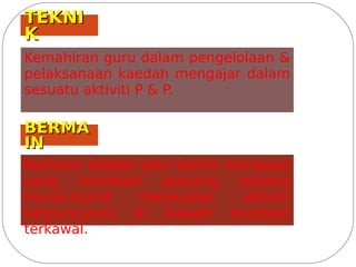 TEKNI
K
Kemahiran guru dalam pengelolaan &
pelaksanaan kaedah mengajar dalam
sesuatu aktiviti P & P.

BERMA
IN
Bermain adalah satu teknik mengajar
yang   memberi    peluang   kepada
murid-murid    melakukan     aktiviti
berpura-pura di bawah keadaan
terkawal.
 