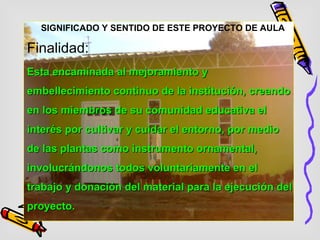 SIGNIFICADO Y SENTIDO DE ESTE PROYECTO DE AULA Finalidad: Esta encaminada al mejoramiento y embellecimiento continuo de la institución, creando en los miembros de su comunidad educativa el interés por cultivar y cuidar el entorno, por medio de las plantas como instrumento ornamental, involucrándonos todos voluntariamente en el trabajo y donación del material para la ejecución del proyecto. 