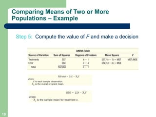 19
Step 5: Compute the value of F and make a decision
Comparing Means of Two or More
Populations – Example
 
