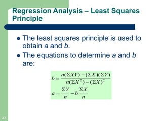 27
Regression Analysis – Least Squares
Principle
l The least squares principle is used to
obtain a and b.
l The equations ...
