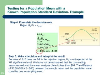29
Testing for a Population Mean with a
Known Population Standard Deviation- Example
Step 5: Make a decision and interpret...