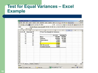 10
Test for Equal Variances – Excel
Example
 