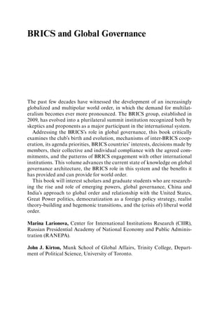 Brics And Global Governance Marina Larionova John J Kirton Eds | PDF