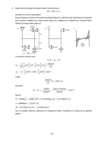 127
2. Determinamos el grado de indeterminación de la estructura.
18)3(3.I.G 
El pórtico es una vez hiperestático.
Esquematizamos el pórtico de acuerdo al problema (figura a), calculamos las reacciones en los apoyos
para el pórtico isostático con carga unitaria (figura b) y graficamos el diagrama de momento flector
debido a la carga unitaria (figura c)
La ecuación canónica será:
0X C1111 
EI
667,106
2.4.
3
2
.4.4.
2
1
2.4.
3
2
.6.4.
2
1
EI
1
11 




05,007,0.
3
2
03,0.105,0.
3
2
C1 






Luego:
005,0X
EI
667,106
1 
De donde:
 T5,5
667,106
015,11738.05,0
667,106
EI05,0
VX C1
Siendo:
22'
c m/T5,2173706cm/kg65,21737021015000f15000E 
434
m10.4,5cm540000I 

23
m.T015,1173810.4,5.5,2173706EI  
Con el resultado obtenido, graficamos los diagramas finales, mostrados en la figura de la siguiente
página.
 