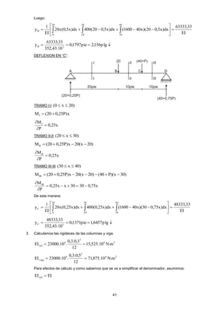 41
Luego:
EI
33,63333
dx)x5,020)(x401600(dx)x5,020(400dx)x5,0(x20
EI
1
y
20
0
30
20
40
30
B 





   
 lgp156,2pie1797,0
10.43,352
33,63333
y 3B
DEFLEXION EN “C”:
TRAMO I-I )20x0( 
x)P25,020(MI 
x25,0
P
MI



TRAMO II-II )30x20( 
)20x(20x)P25,020(MII 
x25,0
P
MII



TRAMO III-III )40x30( 
)30x)(P40()20x(20x)P25,020(MIII 
x75,03030xx25,0
P
MIII



De esta manera:
EI
33,48333
dx)x75,030)(x401600(dx)x25,0(400dx)x25,0(x20
EI
1
y
20
0
40
30
30
20
C 





  
 lgp6457,1pie1371,0
10.43,352
33,48333
y 3C
3. Calculamos las rigideces de las columnas y viga.
26
3
6
col m.N10.525,15
12
3,0.3,0
.10.23000EI 
26
3
6
viga m.N10.875,71
12
5,0.3,0
.10.23000EI 
Para efectos de cálculo y como sabemos que se va a simplificar el denominador, asumimos:
EIEIcol 
 