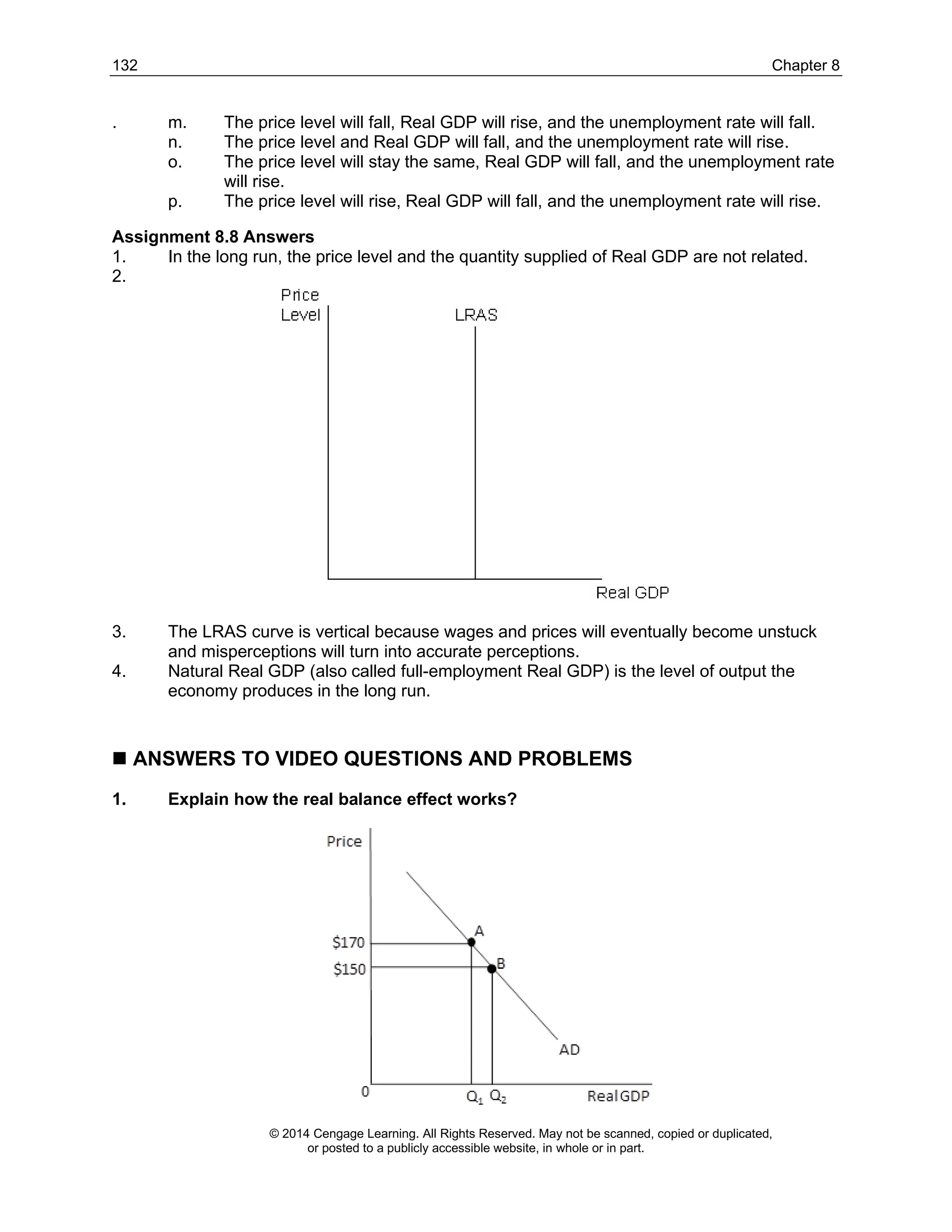 132 Chapter 8
© 2014 Cengage Learning. All Rights Reserved. May not be scanned, copied or duplicated,
or posted to a publicly accessible website, in whole or in part.
. m. The price level will fall, Real GDP will rise, and the unemployment rate will fall.
n. The price level and Real GDP will fall, and the unemployment rate will rise.
o. The price level will stay the same, Real GDP will fall, and the unemployment rate
will rise.
p. The price level will rise, Real GDP will fall, and the unemployment rate will rise.
Assignment 8.8 Answers
1. In the long run, the price level and the quantity supplied of Real GDP are not related.
2.
3. The LRAS curve is vertical because wages and prices will eventually become unstuck
and misperceptions will turn into accurate perceptions.
4. Natural Real GDP (also called full-employment Real GDP) is the level of output the
economy produces in the long run.
◼ ANSWERS TO VIDEO QUESTIONS AND PROBLEMS
1. Explain how the real balance effect works?
 