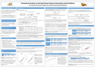 A Statistical Analysis on the Nutritional Intakes of Secondary School Children
An assessment of the impact of revised school food standards
Adverse outcomes of obesity include cardiovascular disease,
many cancers, type II diabetes, strokes, high blood pressure,
osteoarthritis, fertility problems, reduced life expectancy,
depression, anxiety and low self-esteem.
In 2002, 21.8% of boys and 27.5% of girls aged 2-15 years
were overweight or obese. Furthermore, the direct cost of
obesity to the NHS was estimated at £46-49 million per year.
In response to Jamie Oliver’s Feed Me Better campaign in
2005, the Department for Education and Skills revised the
national school food standards.
513 schoolchildren from 2 time-points (2000 and 2009)
completed ‘food diaries.’ From these, nutritionists devised
each child’s mean daily intake and mean lunchtime intake
for each nutrient (energy, protein, fat etc.).
Aim: Assess impact of standards
Variables that affect food/nutrient intake are:
• YEAR: 2000 or 2009: since changes were made to school
food regulations in this time period.
• LUNCH TYPE: School lunch (SL) or packed lunch (PL): since
regulations applied to school lunches only.
• SEX: Male or Female: since boys eat more than girls.
However, the difference between sexes does not depend
on the new standards and so this effect is not of interest.
The mean lunchtime energy intake in kcal:
Inference: Average energy intake decreased substantially for
school lunches, but not a lot for packed lunches.
Problem: The 4 groups do not contain equal amounts of boys
and girls, and since sex affects energy intake, the year/lunch
effects are confounded with the sex effect which is not of
interest. Therefore the groups are not comparable.
Solution: Adjusted means.
2000 2009 Difference: 2009-2000
SL 711.9 495.9 -216.0
PL 612.3 574.2 -38.2
Method:
1. Fit a linear regression model to the data:
𝑌𝑖𝑗𝑘𝓁 = 𝜇 + 𝛼𝑖 + 𝛽𝑗 + (𝛼𝛽)𝑖𝑗+𝛾 𝑘 + 𝜖𝑖𝑗𝑘𝓁 ,
* If the p-value for the interaction is significant, year affects intake differently for each lunch type, so a two-way table is needed to
present means. If however it is not significant, the interaction complicates the presentation, yet does not add anything worthwhile.
Therefore, the model will be re-fitted without the interaction if not significant and one-way tables used.
† Choice of 𝑆𝑒𝑥 is arbitrary as it does not affect the differences, but one that produces plausible mean values is preferable, so that
practitioners without statistics backgrounds are not disconcerted.
Response for 𝓁 𝑡ℎ subject,
who was from 𝑖 𝑡ℎ year,
𝑗 𝑡ℎ lunch type and 𝑘 𝑡ℎ sex
Overall mean
Effect of
𝑖 𝑡ℎ year
Effect of 𝑗 𝑡ℎ
lunch type
Effect of (𝑖𝑗) 𝑡ℎ
combination of
year and lunch
type*
Effect of 𝑘 𝑡ℎ sex
- to be corrected for
Error of the
𝓁 𝑡ℎ individual
2. Estimate regression coefficients & obtain equation for the fitted mean of each group:
𝑌𝑖𝑗 = 734.5 − 219.7 𝐼 𝑌𝑒𝑎𝑟 = 2009 − 106.4 𝐼 𝐿𝑢𝑛𝑐ℎ = 𝑆𝐿 − 39.1 𝑆𝑒𝑥𝑖𝑗 + 186.1 𝐼[𝑌𝑒𝑎𝑟 = 2009 & 𝐿𝑢𝑛𝑐ℎ = 𝑆𝐿]
where 𝐼[𝐴] is an indicator variable that equals 1 if the event A is true and 0 otherwise,
and 𝑆𝑒𝑥𝑖𝑗 is the proportion of females in the group.
3. Fix sex variable at a constant arbitrary† value, say the mean sex value of the sample:
S𝑒𝑥 = 0.5185
4. Compute the mean for each group at this uniform sex value, instead of using 𝑆𝑒𝑥𝑖𝑗
2000 school lunch: 𝑌0,0 = 734.5 − 219.7 × 0 − 106.4 × 0 − 39.9𝑆𝑒𝑥 + 186.1 × 0 × 0 = 713.8
2000 packed lunch: 𝑌0,1 = 734.5 − 219.7 × 0 − 106.4 × 1 − 39.9𝑆𝑒𝑥 + 186.1 × 0 × 1 = 607.5
2009 school lunch: 𝑌1,0 = 734.5 − 219.7 × 1 − 106.4 × 0 − 39.9𝑆𝑒𝑥 + 186.1 × 1 × 0 = 494.1
2009 packed lunch: 𝑌1,1 = 734.5 − 219.7 × 1 − 106.4 × 1 − 39.9𝑆𝑒𝑥 + 186.1 × 1 × 1 = 573.9
5. The group means have been adjusted for sex imbalance so they are comparable! Inference can now be made
on the differences (estimable quantities). This is because the differences are independent of choice of 𝑆𝑒𝑥
(when one mean is subtracted from another), 𝑆𝑒𝑥 cancels out – so differences are unique!
A package called lsmeans can be downloaded in R, allowing efficient calculation of adjusted group means, for
lunchtime and daily intakes of all nutrients. This package, by default, uses 0.5 for the arbitrary fixed value of 𝑆𝑒𝑥.
Diagnostic checks must be performed for each model, to check for homoscedasticity (constant variance, by residual
plots) and Normality (by Normal probability plots) of the estimated residuals.
For most models, the plots are satisfactory. However, lunchtime and daily vitamin C intake have concerning Normal
probability plots. The obvious curvature means that Normality cannot be assumed.
Normal probability plots for lunchtime and daily vitamin C intake
Problem: Significance tests and
confidence intervals are invalidated.
Solution: Data transformation:
a transformation must not change
the order of values, but can alter
the distance between successive
points to modify the overall shape
of the distribution and achieve a
‘bell curve’.
The Box-Cox power transformation (1964) is the most commonly used tool to remedy the
breakdown of the Normality assumption. For some positive data 𝑌1,…, 𝑌𝑛, it is given by
𝑌𝑖
(𝜆)
=
𝑌𝑖
𝜆
− 1
𝜆
, 𝑖𝑓 𝜆 ≠ 0,
log 𝑌𝑖 , 𝑖𝑓 𝜆 = 0,
where the transformation parameter 𝜆 requires estimation.
For non-positive data, there is a two-parameter version, which allows for a shift before
transformation, given by
𝑌𝑖
(𝜆)
=
(𝑌𝑖 + 𝜆2) 𝜆1−1
𝜆1
, 𝑖𝑓 𝜆1 ≠ 0,
log 𝑌𝑖 + 𝜆2 , 𝑖𝑓 𝜆1 = 0,
where the transformation parameter 𝜆1 and the shift parameter 𝜆2 both require estimation.
The Box-Cox parameters are usually estimated by maximum likelihood and then rounded to
resemble a practical transformation (e.g. square root, cube root, inverse).
The lunchtime vitamin C data is non-positive (contains some zeroes), so the two-parameter
version is used, giving 𝜆1 = 0.4022 and 𝜆2 = 0.0015 to 4 d.p. Rounding gives a square-root
transformation (preceded by a shift of size zero). The daily vitamin C data is positive. The
standard version is therefore used, giving 𝜆 = 0.1997. Rounding gives a log transformation.
Problem: Transformed data will typically be on a scale that is unfamiliar to practitioners.
Solution: Use the inverse transformation to back-transform the results, so that they are put on
the original scale and made accessible to practitioners.
Fitting the model to the square-rooted data gives an acceptable fit to Normality. The adjusted
means for the square-rooted data are calculated, then squared to convert them back to the
original scale:
Problem: It has been made apparent already that data on the original scale violates the
Normality assumption, which is the reason a transformation was sought in the first place.
Confidence intervals for the difference therefore cannot be found. Valid conclusions can only be
drawn from data on the square-root scale, which makes the back-transformation redundant.
Solution: Use log-transformation.
2000 2009 Difference 95% CI of difference
Square-root scale 𝑌2000 𝑌2009 𝑑 = 𝑌2009 − 𝑌2000
𝑑 ± 𝑠. 𝑒. 𝑑
Original scale
𝑌2000
2
𝑌2009
2
𝑌2009
2
- 𝑌2000
2
SL PL Difference 95% CI of difference
Square-root
scale
𝑌𝑆𝐿 𝑌𝑃𝐿 𝑑 = 𝑌𝑃𝐿 − 𝑌𝑆𝐿
𝑑 ± 𝑠. 𝑒. 𝑑
Original scale
𝑌𝑆𝐿
2
𝑌𝑃𝐿
2
𝑌𝑃𝐿
2
− 𝑌𝑆𝐿
2
A useful quality of the log-transformation is that an intuitive interpretation is possible upon back-
transformation. This is owing to the relationship between the geometric and arithmetic means of some
general data 𝑌1, 𝑌2, … , 𝑌𝑛
𝐺𝑀(𝑌𝑖) =
𝑖=1
𝑛
𝑌𝑖
1
𝑛
= exp
1
𝑛
𝑖=1
𝑛
log 𝑌𝑖 = exp 𝐴𝑀(log(𝑌𝑖) ,
where 𝐺𝑀(. ) and 𝐴𝑀(. ) denote the geometric and arithmetic means respectively. Therefore,
𝐴𝑀(log(𝑌𝑖)) = log 𝐺𝑀 𝑌𝑖 .
Hence, the difference between two group (arithmetic) means (of logged data) is given by
log 𝐺𝑀 𝑌𝐺𝑅𝑂𝑈𝑃 𝐴 − log 𝐺𝑀 𝑌𝐺𝑅𝑂𝑈𝑃 𝐵 = log
𝐺𝑀 𝑌𝐺𝑅𝑂𝑈𝑃 𝐴
𝐺𝑀 𝑌𝐺𝑅𝑂𝑈𝑃 𝐵
.
Upon exponentiation, the ‘difference’ simply becomes the ratio of the geometric means. Then, due to the
asymmetry of the log-transformation, the confidence interval of this ratio can be found directly by anti-
logging the confidence interval of the difference.
Unlike the square-root transformation however, a log-transformation cannot be applied to the
zero observations. This is resolved by shifting the data, but a sensible constant must be
determined.
Whichever one minimizes the residual
skewness is a logical choice, since
Normality corresponds to zero residual
skewness. Minimal residual skewness is
achieved with a shift of approximately
15. The log-transformation can then be
performed on the shifted intakes.
After log-transformation, there is still an acceptable fit to Normality. So although the Box-Cox method
indicated square-root, the log-transformation also manages to Normalize the data quite well.
Inference: Vitamin C intake in 2009 was 1.12 times larger than in 2000 and packed lunches on average
contained 1.07 times as much as school lunches.
2000 2009 Difference/Ratio 95% CI of difference
Log-scale 3.638 3.756 PL – SL: 0.118 (0.023, 0.212)
Original scale 38.0 42.8 PL / SL: 1.12 (1.02, 1.24)
SL PL Difference/Ratio 95% CI of difference
Log scale 3.664 3.730 PL – SL: 0.0664 (-0.0299, 0.1626)
Original scale 39.0 41.7 PL / SL: 1.07 (0.97, 1.18)
Lunchtime intakes: Consumption of energy, sodium and saturated fat declined significantly in school lunch
children, but not in packed lunch children. Vitamin C intake increased reasonably over the years, but the
impact was the same in both lunch types.
Daily intakes: Daily consumption of all nutrients did not differ for school and packed lunch children.
Consumption of energy and sodium fell significantly, but there was no evidence to suggest the same for
saturated fat. Vitamin C increased quite reasonably.
Problem: Energy intake is a proxy for amount eaten.
Energy intake decreased over the years, meaning that
children ate less in 2009 than in 2000. What if the
decrease in sodium is simply due to the fact that
they ate less food overall?
Solution: Investigate sodium-density.
To investigate how heavily sodium depends on energy, energy is included as an explanatory variable:
𝑁𝑎 = 𝛼 + 𝛽𝐸 + 𝜖,
where 𝑁𝑎 = daily sodium intake, 𝐸 = daily energy intake, 𝜖 = error, with 𝜖~𝑁(0, 𝜎2
), and 𝛼 incorporates the
effects of all other covariates as well as the general mean.
This time, means are not only adjusted for sex, but also for energy intake.
Hence, even if a child’s energy intake was the same in each year, their average daily sodium intake will still
have decreased by over 170 mg, which is a relatively large amount, suggesting that a reasonable amount of
the Na reduction is not attributed to reduced energy intake. So there has been a reduction in sodium-density.
Overall conclusions: standards have had a positive impact on school children’s diets, particularly in terms of
energy, sodium and sodium density.
2000 2009 Difference 95% CI of difference
Daily Na intake 2497.5 2323.8 -173.7 (-254.2, -93.2)
1. The childhood obesity crisis
2. Revised school food standards – a
response to the rising obesity levels
3. Project objective: were the
standards successful?
4. Factors affecting food intake
5. Simple analysis of lunchtime energy
intake
6. Adjusted means
7. Lsmeans
8. Diagnostic checks
9. Box-Cox power transformation
10. Square-root transformation of lunchtime Vit C intake
11. Shifting the lunchtime Vit C intakes
12. Unique property of log transformation
13. Log transformation of shifted Vit C intake
14. Summary of results
 