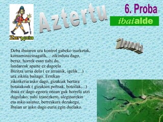 Deba ibaiaren ura kontrol gabeko isurketak, kontaminazioagatik,…zikinduta dago,  beraz, horrek esan nahi du, landareak aparte ez dagoela  Bizitza urria dela ( ez arrainik, igelik…) ura zikina baitago. Errekan  zikinkeria asko dago, gizakiak bertara  botatakoak ( gizakien poltsak, boteilak,...) ibaia ez dago egoera onean guk horrela utzi dugulako, nahi izanezkero, aleginarekin eta asko saiatuz, berreskura dezakegu. Ibaian ur asko dago euria egin duelako. Aztertu Zernola 6. Proba 