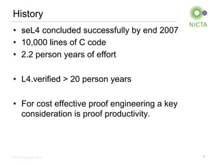 History 
• seL4 concluded successfully by end 2007 
• 10,000 lines of C code 
• 2.2 person years of effort 
• L4.verified > 20 person years 
• For cost effective proof engineering a key 
consideration is proof productivity. 
NICTA Copyright 2014 
3 
 