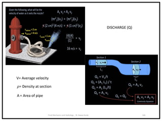 Example 58:
Fluid Mechanics and Hydrology _ Dr. Rawaz Kurda
169
V1 𝜌1 A1 = V2 𝜌2 A2
Discharge (Q) = Cross-sectional area o...