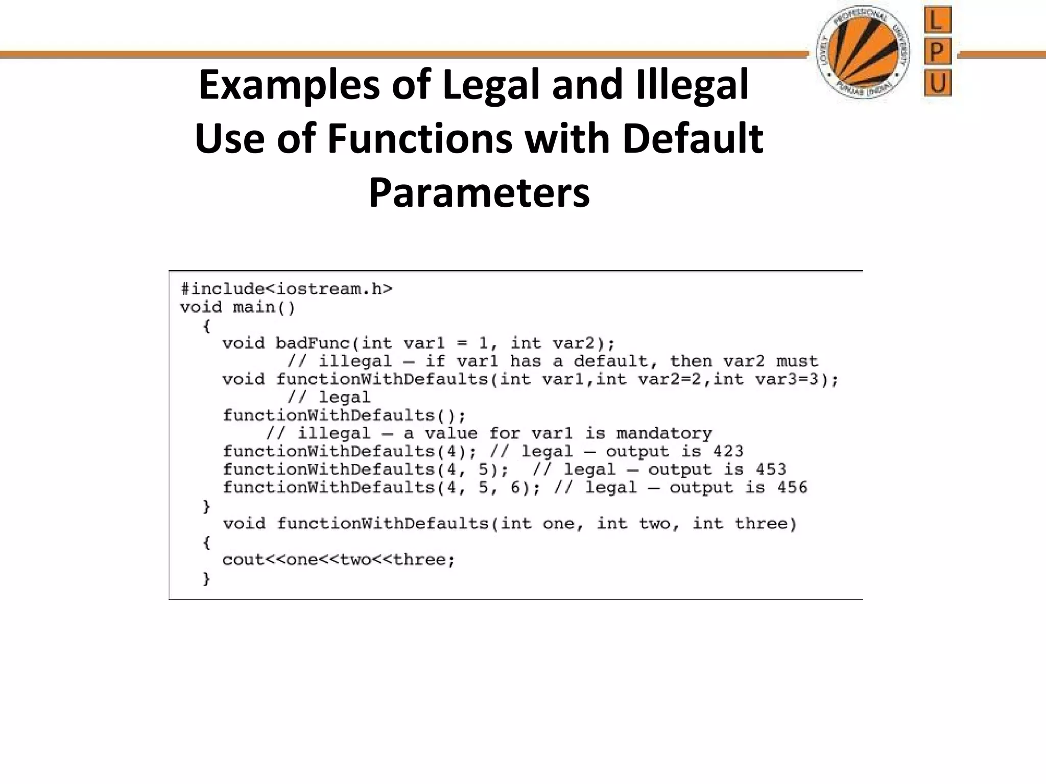 Examples of Legal and Illegal 
Use of Functions with Default 
Parameters 
 