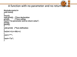 A function with no parameter and no return value 
#include<conio.h> 
void main() 
{ 
clrscr(); 
void print(); /*func declaration 
print(); /*func calling 
Cout<<“no parameter and no return value”; 
print(); 
getch(); 
} 
void print() /*func defination 
{ 
For(int i=1;i<=30;i++) 
{ 
cout<<“*”; 
} 
Cout<<“n”; 
} 
 