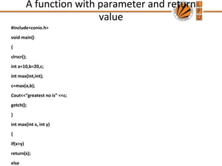 A function with parameter and return 
value 
#include<conio.h> 
void main() 
{ 
clrscr(); 
int a=10,b=20,c; 
int max(int,int); 
c=max(a,b); 
Cout<<“greatest no is” <<c; 
getch(); 
} 
int max(int x, int y) 
{ 
if(x>y) 
return(x); 
else 
 
