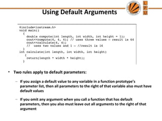 Using Default Arguments 
• Two rules apply to default parameters: 
– If you assign a default value to any variable in a function prototype’s 
parameter list, then all parameters to the right of that variable also must have 
default values 
– If you omit any argument when you call a function that has default 
parameters, then you also must leave out all arguments to the right of that 
argument 
 