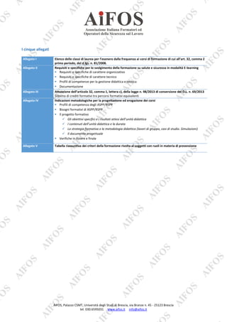 AiFOS, Palazzo CSMT, Università degli Studi di Brescia, via Branze n. 45 - 25123 Brescia
tel. 030.6595031 www.aifos.it info@aifos.it
I cinque allegati
Allegato I Elenco delle classi di laurea per l’esonero dalla frequenza ai corsi di formazione di cui all’art. 32, comma 2
primo periodo, del d.lgs. n. 81/2008.
Allegato II Requisiti e specifiche per lo svolgimento della formazione su salute e sicurezza in modalità E-learning
 Requisiti e specifiche di carattere organizzativo
 Requisiti e specifiche di carattere tecnico
 Profili di competenze per la gestione didattica e tecnica
 Documentazione
Allegato III Attuazione dell’articolo 32, comma 1, lettera c), della legge n. 98/2013 di conversione del D.L. n. 69/2013
Sistema di crediti formativi tra percorsi formativi equivalenti
Allegato IV Indicazioni metodologiche per la progettazione ed erogazione dei corsi
 Profili di competenza degli ASPP/RSPP
 Bisogni formativi di ASPP/RSPP
 Il progetto formativo
 Gli obiettivi specifici e i risultati attesi dell’unità didattica
 I contenuti dell’unità didattica e la durata
 La strategia formativa e la metodologia didattica (lavori di gruppo, casi di studio. Simulazioni)
 Il documento progettuale
 Verifiche in itinere e finale
Allegato V Tabella riassuntiva dei criteri della formazione rivolta ai soggetti con ruoli in materia di prevenzione
 