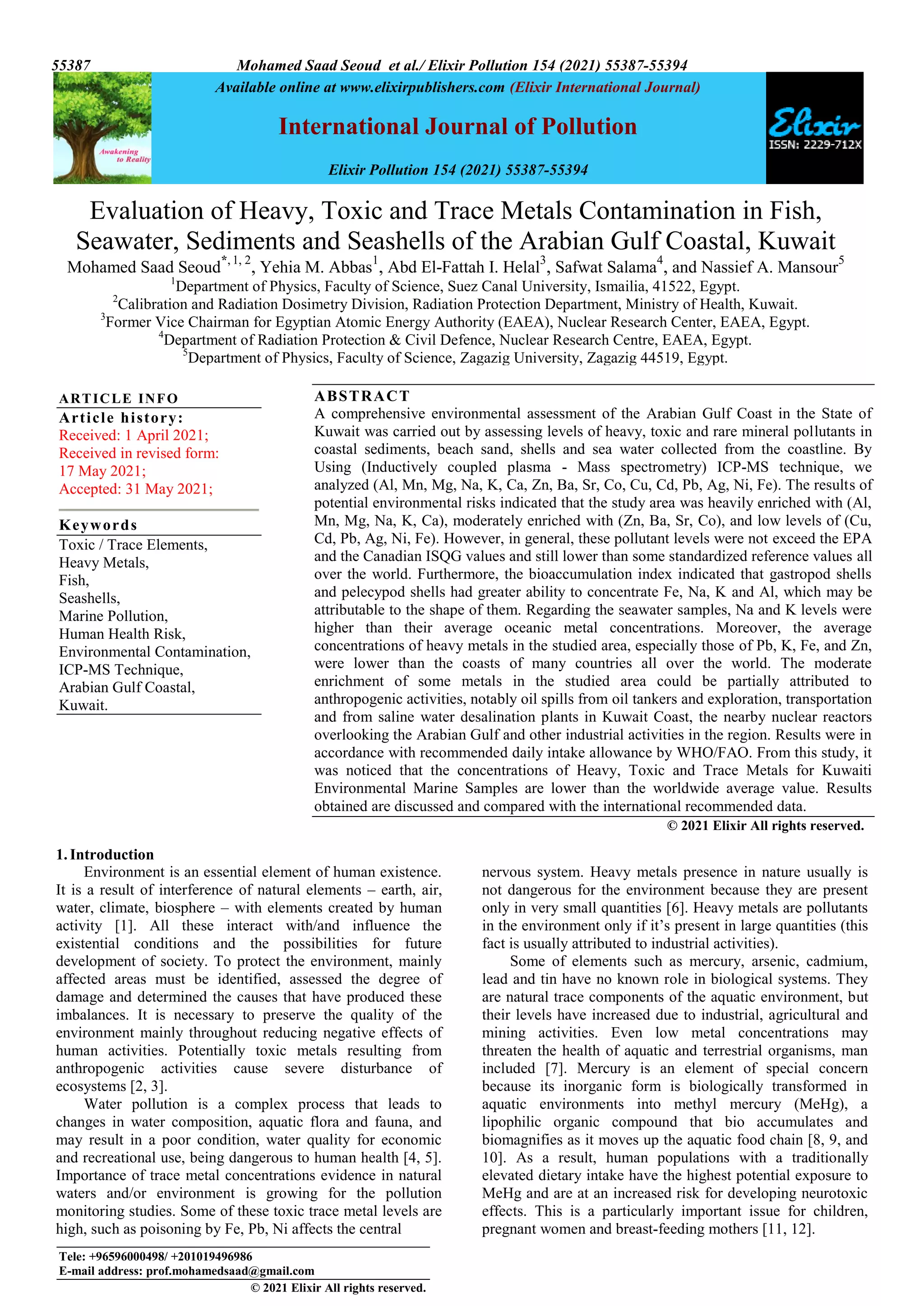 Evaluation of Heavy, Toxic and Trace Metals Contamination in Fish ...