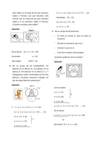 solo ingles es el triple de los que estudian         (x + y + z) + 2(a + b + c) = 77 ….. (2)
  ingles y francés. Los que estudian solo
                                                       Resultado: (2) – (1):
  francés son la mitad de los que estudian
  ingles y 4 no estudian ingles ni francés,            (a + b + c) = 77 – 55
  ¿Cuántos estudian solo ingles?
                                                       a + b + c = 22
  Solución:
                           Total =
                                                 9. De un grupo de 80 personas:
                  I=                       F
                  4x
                              x                    -   27 leían la revista A, pero no leían la
                       3              2x
                       x                               revista B
                             4
                                                   -   26 leían la revista B, pero no C

                                                   -   19 leían C pero no A

  De la figura: 3x + x + 2x = 60                   -   2 las tres revistas mencionadas

  De donde:                   x = 10               ¿Cuántos preferían otras revistas?

  Solo ingles:         3(10) = 30                  Solución:

8. De un grupo de 62 trabajadores, 25                                A                     B

  laboran en la fabrica A, 33 trabajan en la                             a     m   b
                                                                             n 2 p
  fabrica B, 40 laboran en la fabrica C y 7
  trabajadores están contratados en las tres                                     c
                                                                                       C

  fabricas. ¿Cuántas personas trabajan en
  dos de estas fábricas solamente?

  Solución:
                                                   Con los datos:

                                                   a + n = 27
                                                                             +
                                                   b + m =26

                                                   c + p = 19

                                                   a + b + c + n + m + p = 72 …. (1)
     x + y + z + a + b + c + 7 = 62

                                                   De la figura:
      (x + y + z) + (a + b + c) = 55 ….. (1)
                                                   a + b + c + n + m + p + 2 + x = 80
      x+ a + b = 18
                                  +
                                                               72
      y + a + c = 26
                                                   De donde: 72 + 2 + x = 80
      z + b + c = 33
 