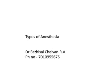 Types of Anesthesia
Dr Eazhisai Chelvan.R.A
Ph no - 7010955675
 