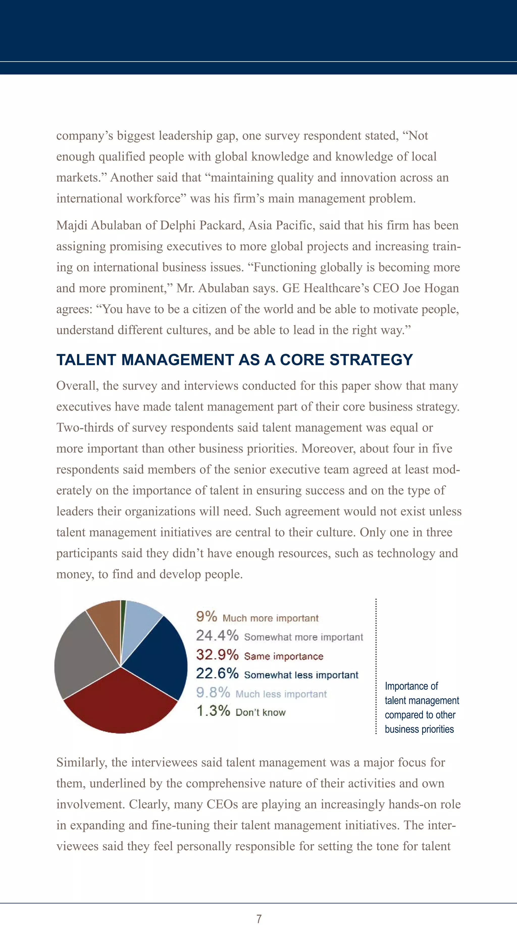 company’s biggest leadership gap, one survey respondent stated, “Not
enough qualified people with global knowledge and knowledge of local
markets.” Another said that “maintaining quality and innovation across an
international workforce” was his firm’s main management problem.

Majdi Abulaban of Delphi Packard, Asia Pacific, said that his firm has been
assigning promising executives to more global projects and increasing train-
ing on international business issues. “Functioning globally is becoming more
and more prominent,” Mr. Abulaban says. GE Healthcare’s CEO Joe Hogan
agrees: “You have to be a citizen of the world and be able to motivate people,
understand different cultures, and be able to lead in the right way.”

TALENT MANAGEMENT AS A CORE STRATEGY
Overall, the survey and interviews conducted for this paper show that many
executives have made talent management part of their core business strategy.
Two-thirds of survey respondents said talent management was equal or
more important than other business priorities. Moreover, about four in five
respondents said members of the senior executive team agreed at least mod-
erately on the importance of talent in ensuring success and on the type of
leaders their organizations will need. Such agreement would not exist unless
talent management initiatives are central to their culture. Only one in three
participants said they didn’t have enough resources, such as technology and
money, to find and develop people.




                                                                Importance of
                                                                talent management
                                                                compared to other
                                                                business priorities


Similarly, the interviewees said talent management was a major focus for
them, underlined by the comprehensive nature of their activities and own
involvement. Clearly, many CEOs are playing an increasingly hands-on role
in expanding and fine-tuning their talent management initiatives. The inter-
viewees said they feel personally responsible for setting the tone for talent




                                       7
 
